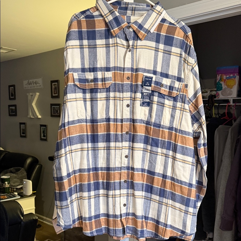 Men’s XXXL George Plaid Button-Up Shirt in Blue and Brown